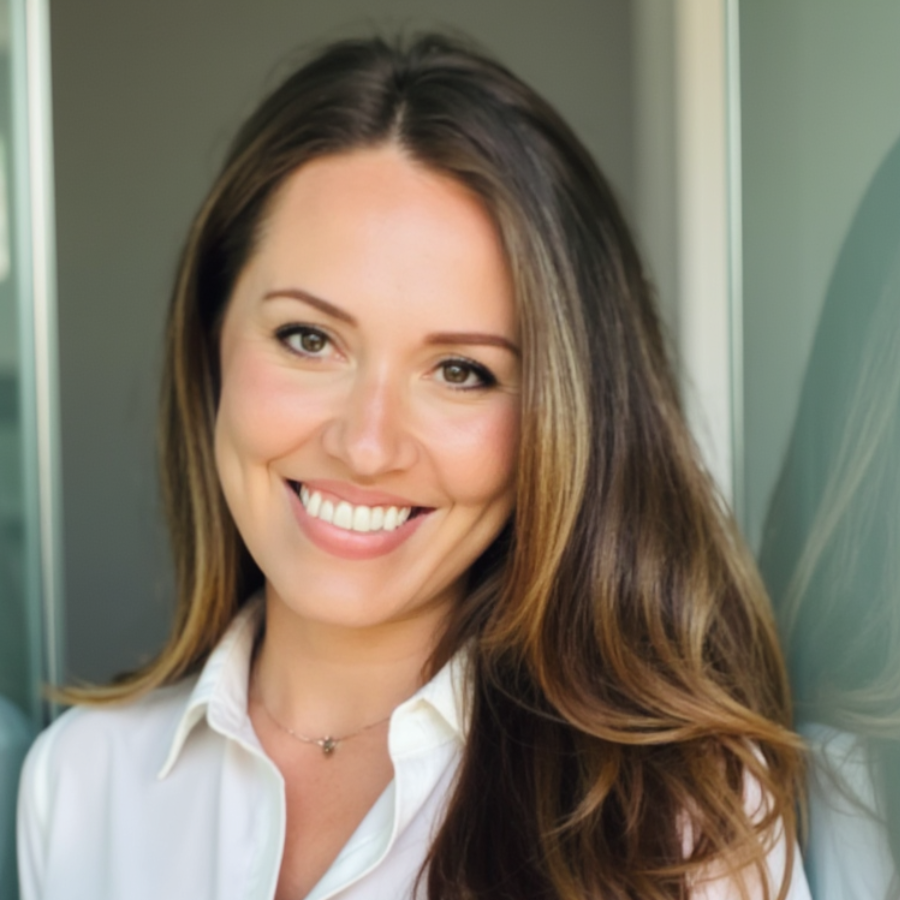 A woman with long brown hair and a white blouse smiles warmly while standing indoors near a glass wall.